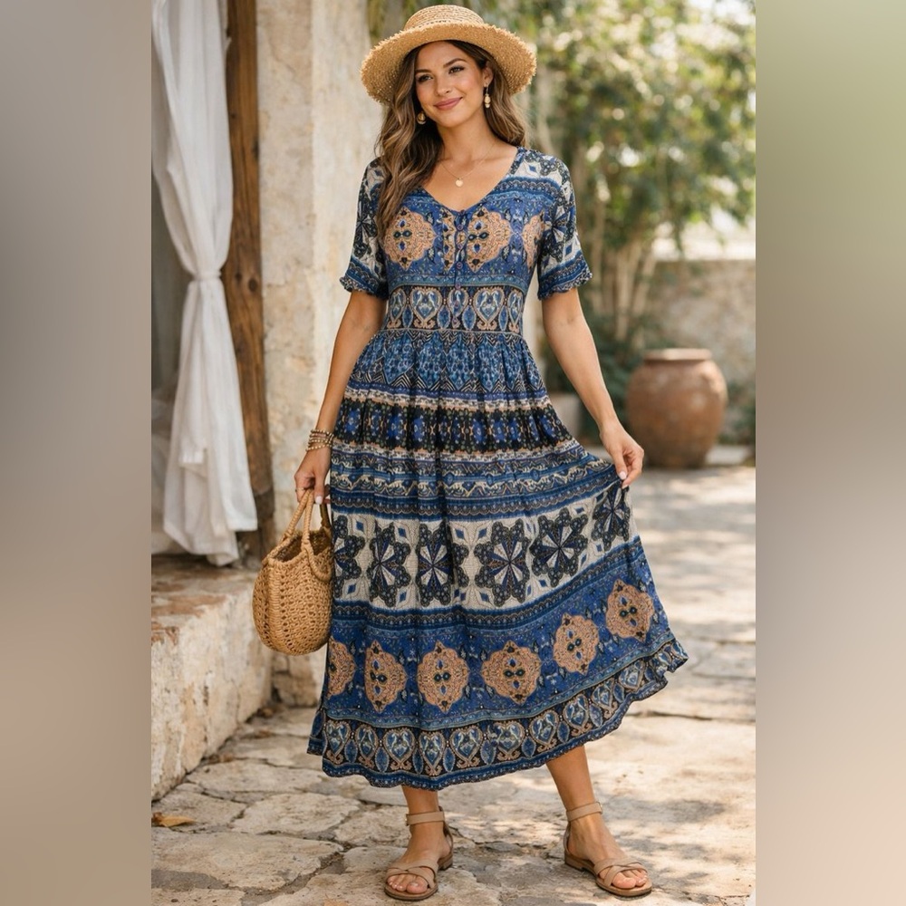 Blue Boho Maxi Dress Short Sleeve Tie Back No Tags Fits S/M‎